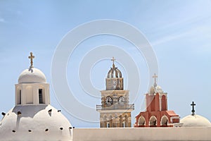 Belfries of classical churches of Santorini island