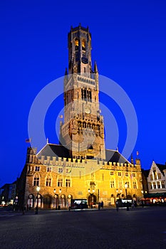 Belfry of Bruges illuminated at night, Belgium