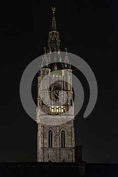 Belfry of Ghent, bell tower, at night in Belgium