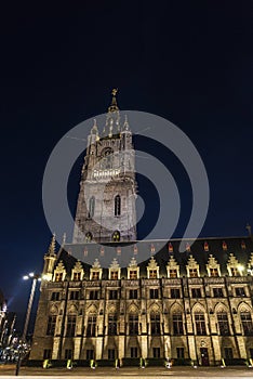 Belfry of Ghent, bell tower, at night in Belgium