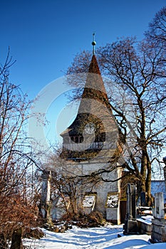 Belfry of Gothic Protestant Church in winter Miskolc Hungary photo