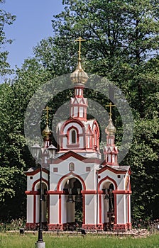 Belfry at the Holy Spring of St. David in the village of Talezh. Moscow region, Russia