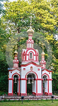 Belfry at the Holy Spring of St. David in the village of Talezh. Moscow region, Russia