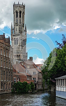 Belfry from Huidevettersplein, Bruges, Flanders, Belgium