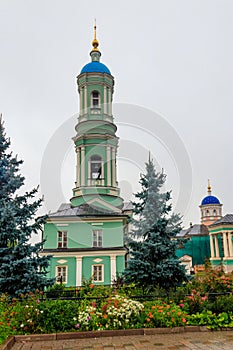 Belfry of Optina Monastery. Optina Pustyn literally Opta`s hermitage is an Eastern Orthodox monastery near Kozelsk in Russia