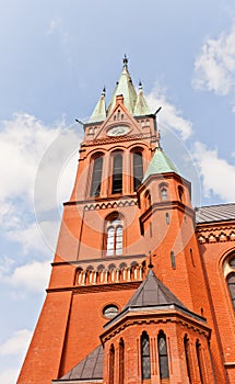 Belfry of Saint Catherine church (1897) in Torun, Poland