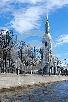 Belfry of St. Nicholas Epiphany Cathedral on Kryukov Canal Embankment, St. Petersburg, Russia