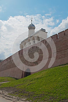 The belfry of St. Sophia Cathedral behind the fortress wall