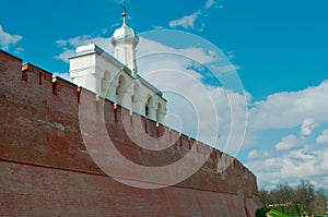 The belfry of St. Sophia Cathedral behind the fortress wall