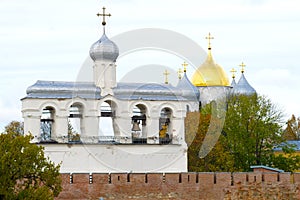 Belfry of St. Sophia Cathedral close up on a cloudy October day. The Kremlin of Veliky Novgorod, Russia