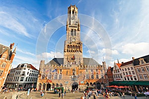 The Belfry Tower, aka Belfort, of Bruges, medieval bell tower in the historical centre of Bruges, Belgium