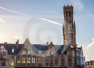 Belfry Tower of Bruges, Belgium at sun set