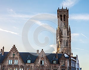 Belfry Tower of Bruges, Belgium at sun set