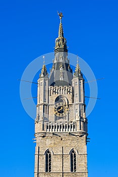 Belfry tower with clock in Ghent, Belgium