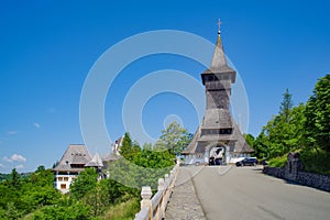 The Belfry Tower at the entrance in the Barsana Monastery ensemble. Maramures County, Romania.