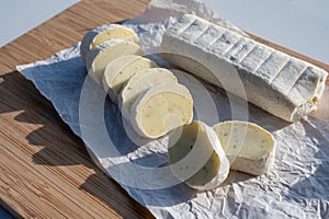 Belgian abbey cheese fagotin in pieces with jam served outdoor, Wallonia, Belgium