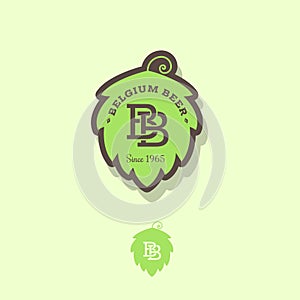 Belgian beer logo. Beer emblem as green hop with letters B.