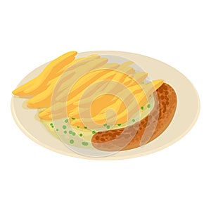 Belgian breakfast icon isometric vector. Fried sausage and fries on white plate