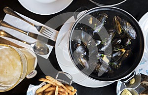 Belgian lunch: steamed mussels, french fries and beer