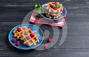 Belgian lush round waffles with fresh raspberries photo