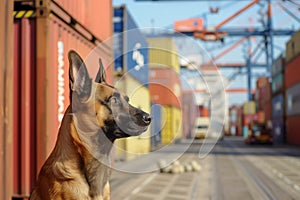 belgian malinois scanning cargo at a shipping port