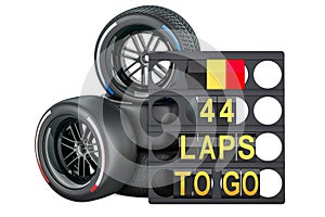 Belgian racing, pit board with flag of Belgium and racing wheels with different compounds type tyres. 3D rendering