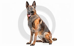 A Belgian Shepherd Malinois sits elegantly isolated on white, showcasing the breed& x27;s dignified composure and focus. photo