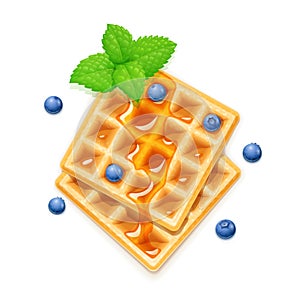 Belgian Waffle, blueberries, honey and peppermint. Dessert sweetness. photo