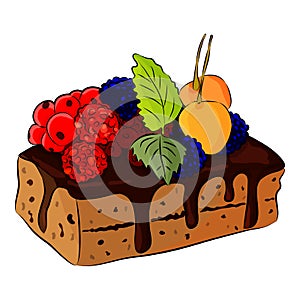 Belgian waffle with fruits and chocolate isolated on the white background. Menu of sweets for fast food. Flat style