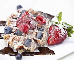 Belgian waffle with powdered sugar, chocolate syrup, and fruit o