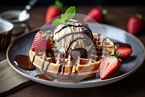 Belgian Waffles with Chocolate Sauce, Ice Cream, and Strawberries. AI