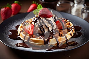 Belgian Waffles with Chocolate Sauce, Ice Cream, and Strawberries. AI