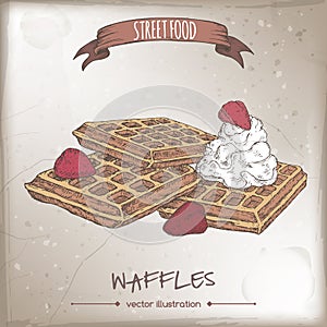 Belgian waffles with cream and strawberries color sketch