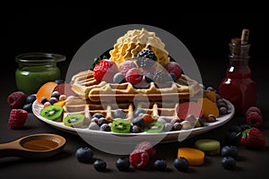 Belgian waffles with fresh berries, fruits and honey on dark background