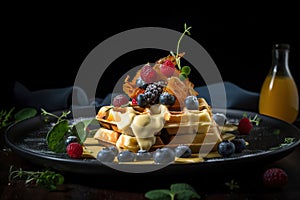Belgian waffles with fresh berries and honey on a black background. Generative AI