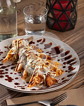 Belgian waffles with fresh fruit and whipped cream