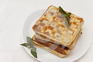 Belgian waffles with fresh mint on a white plate on a white tablecloth, retro toning, close-up