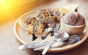 Belgian waffles with fruit and chocolate, forest fruit, all home