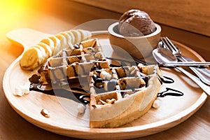 Belgian waffles with fruit and chocolate, forest fruit, all home