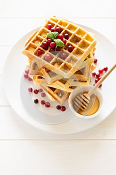 Belgian waffles with honey and cranberries