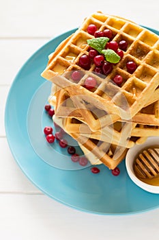 Belgian waffles with honey and cranberries