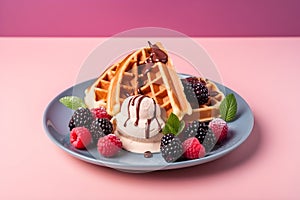 Belgian waffles with ice cream, berries and chocolate sauce isolated on trendy colorful background with copy space for text. Food