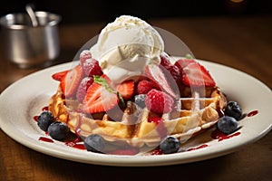 Belgian waffles with ice cream and fresh berries on white plate, A crisp, golden Belgian waffle topped with fresh berries and