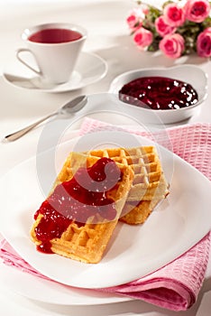 Belgian waffles, jam and tea