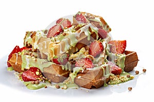 Belgian waffles with pistachio cream topping and strawberries. On white background