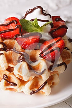 Belgian waffles with strawberries and chocolate topping macro. v