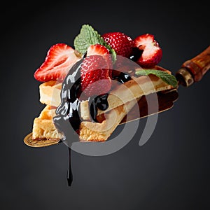 Belgian waffles with strawberries, mint and chocolate sauce