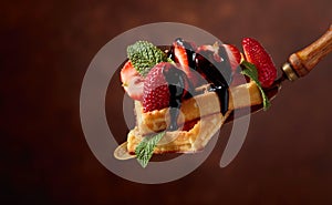 Belgian waffles with strawberries, mint and chocolate sauce