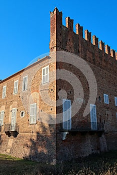 Belgioioso castle perspective particular village landscape vision Italy italian color brick ancient natural