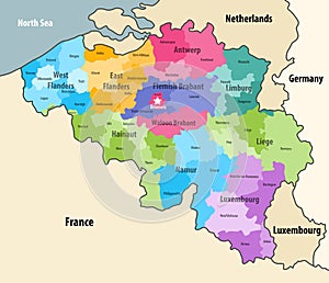 Belgium administrative districts map with neighbouring terrotories